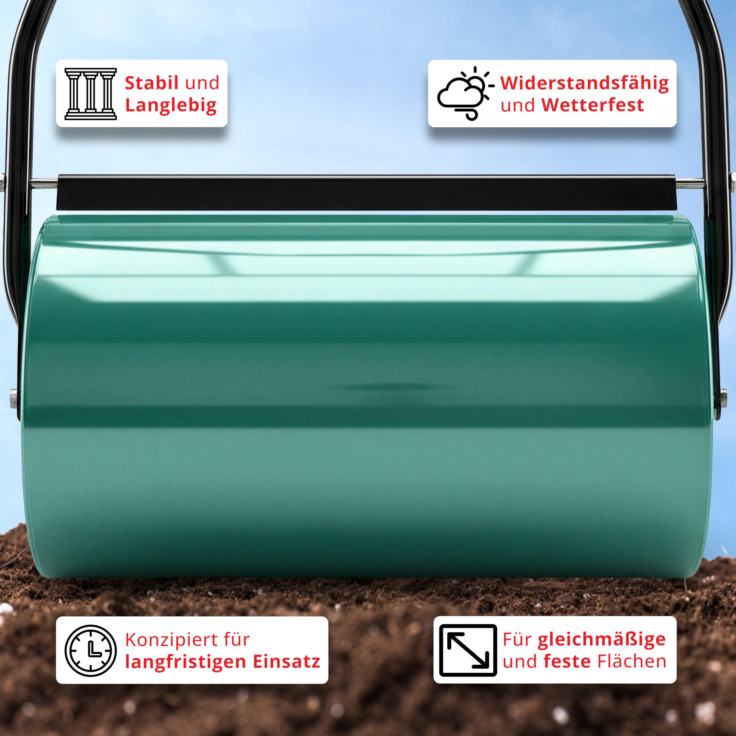 Rasenwalze Hand Walze für Rasenpflege, Ergonomischer Führungsholm, mit Wasser oder Sand Befüllbar, Rasenroller für Kleine bis Mittlere Rasenflächen, Gartenwalze für Gleichmäßige Rasenverdichtung