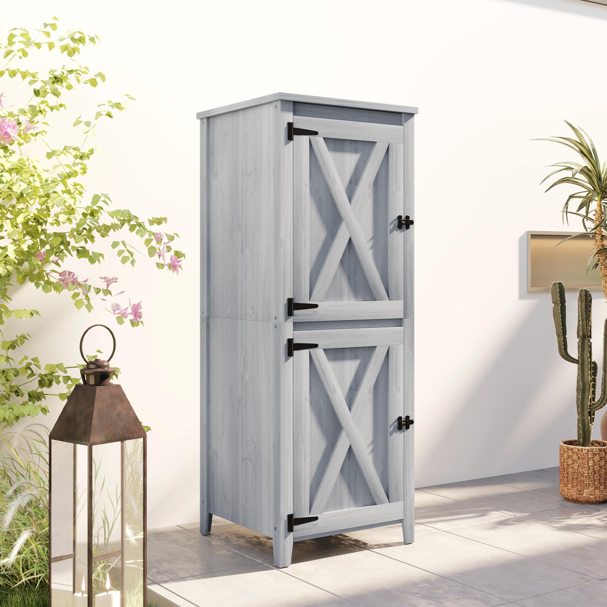 Outsunny Gartenschrank Holz Wetterfest Geräteschrank 60x60x160cm Hellgrau | Geräteschuppen, Gartenschuppen mit Ablagen, Doppeltür, Abschließbar, Gerätehaus Werkzeugschrank, Draußen Schrank