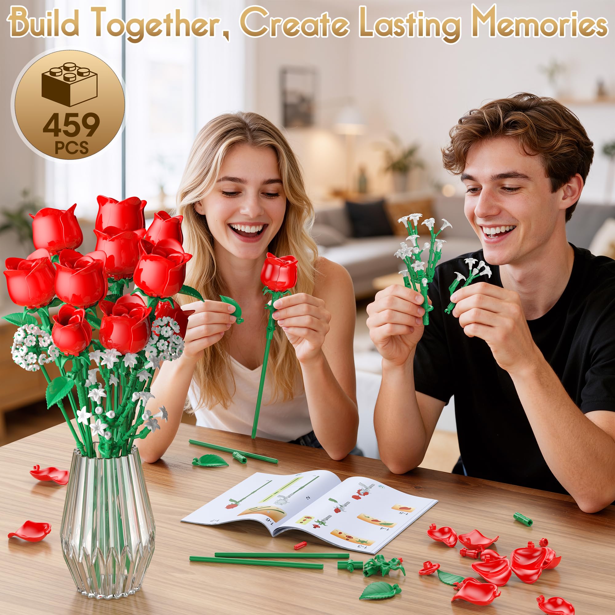 MOGZZi Flowers Bouquet Building Kit for Adults 15 Artificial Plants Decor with 11 Red Roses, Gift for Girls Children Age 6+ - Image 2