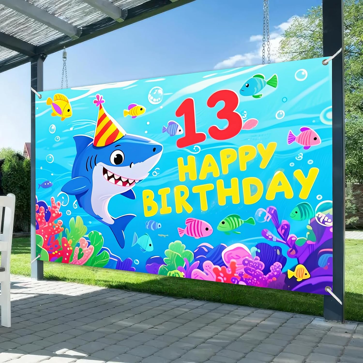 BlissYard Happy 13th Birthday Backdrop 71x43 Inch Shark Themed Decorations image 2