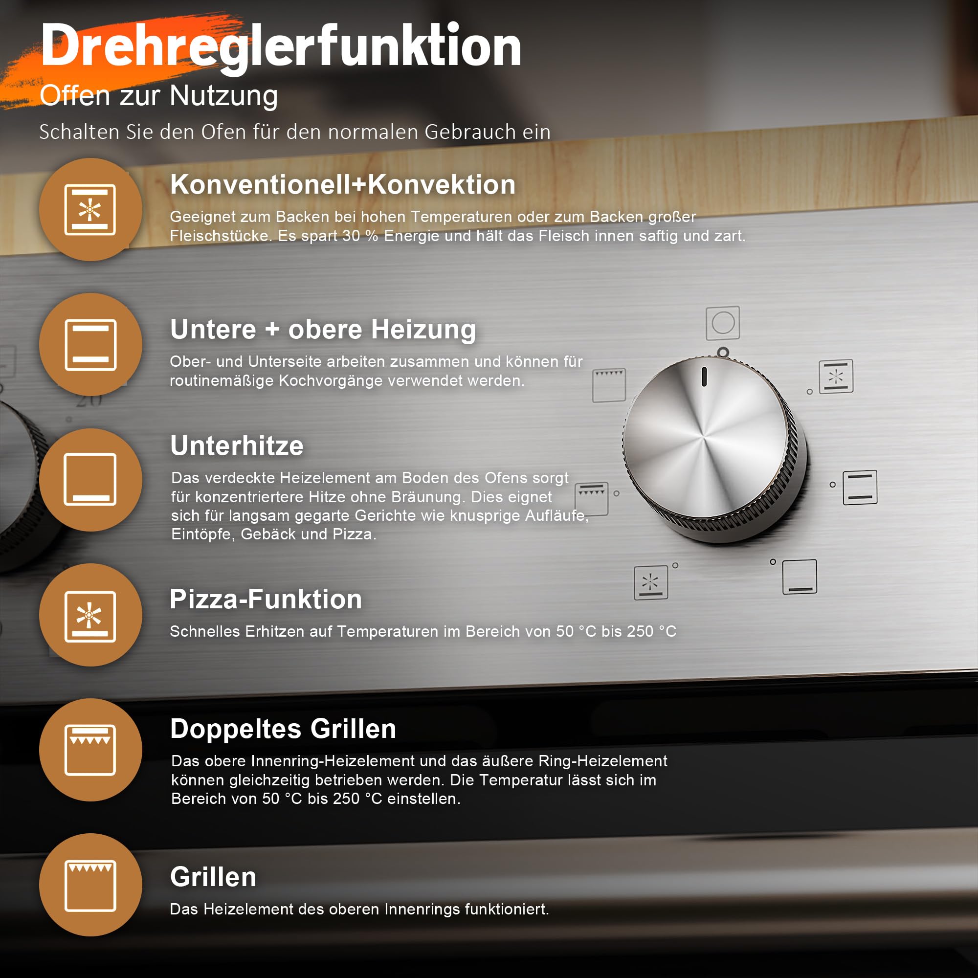 Karinear Einbaubackofen 60 cm 60L mit Stecker, 6 Programme, 2200W, Silber | 60L Einbaubackofen mit 6 Programme, Backofen 230v für Steckdose, 2200W Schnellheizung,50–250°C und einfache Knopfsteuerung