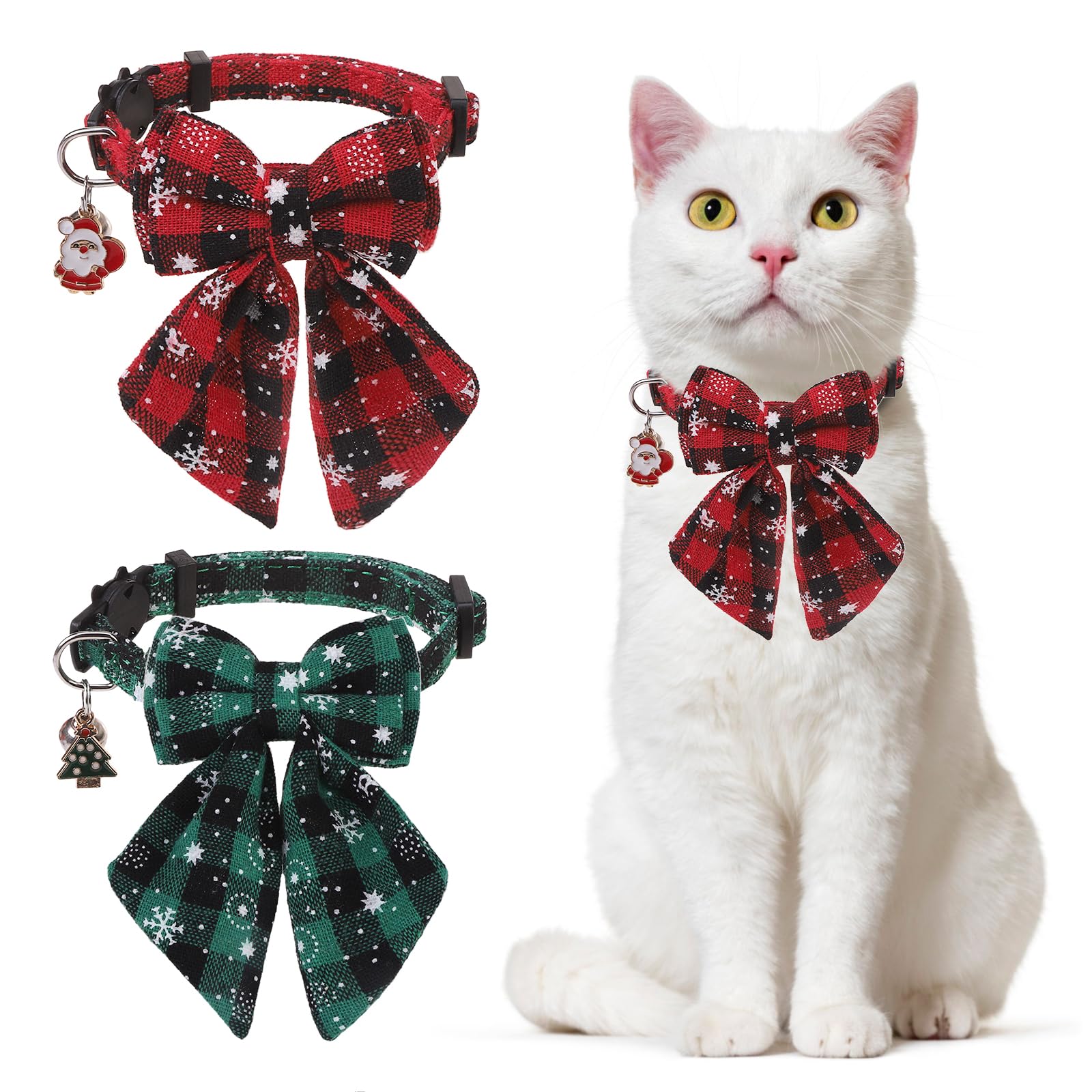 Dillybud Christmas Cat Collar with Bells & Cute Pendant - Breakaway with Removable Bow Tie for Girl Boy Cats, 2 Pack Holiday Kitten Collar Safety