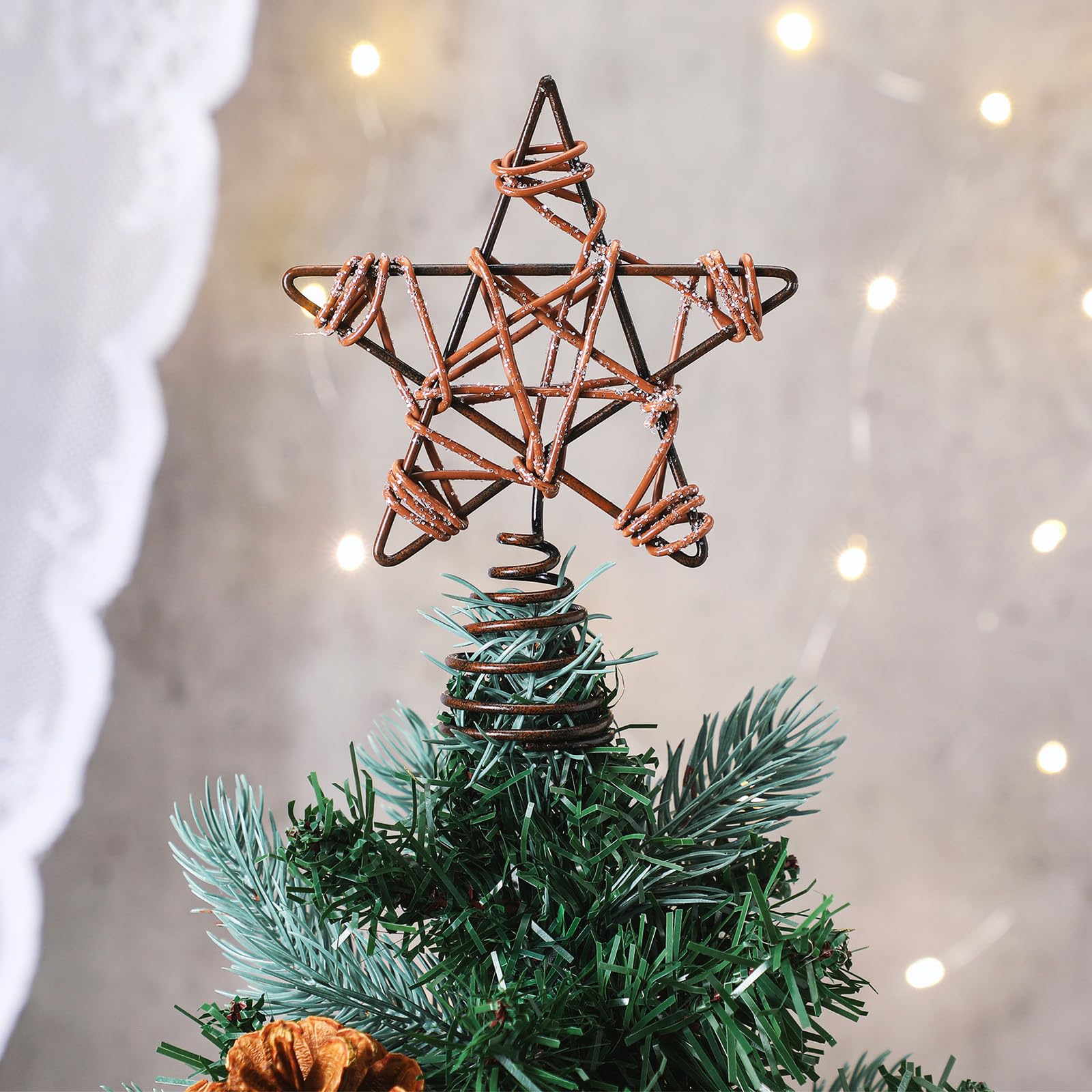 Lenwen Christmas Mini Rustic Christmas Star Tree Topper Metal Christmas Tree Topper 4.5 x 6 Inch Miniature Tree Topper for Christmas Tree Office Home Indoor Desktop Adults Decoration