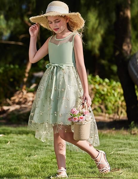 Arshiner Mädchenkleider Ärmelloses Kinder Sommer Party Festliches Hochzeitskleid Kommunionkleid Brautjungfernkleid Geburtstagskleid Tüllkleid mit asymmetrischem Saum und Gürtel 6-15 Jahre - 3