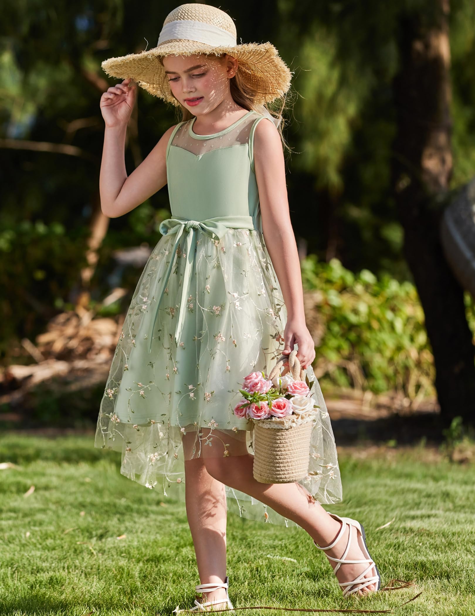 Arshiner Mädchenkleider Ärmelloses Kinder Sommer Party Festliches Hochzeitskleid Kommunionkleid Brautjungfernkleid Blumenmädchenkleider Tüllkleid mit asymmetrischem Saum und Gürtel 6-15 Jahre - 3
