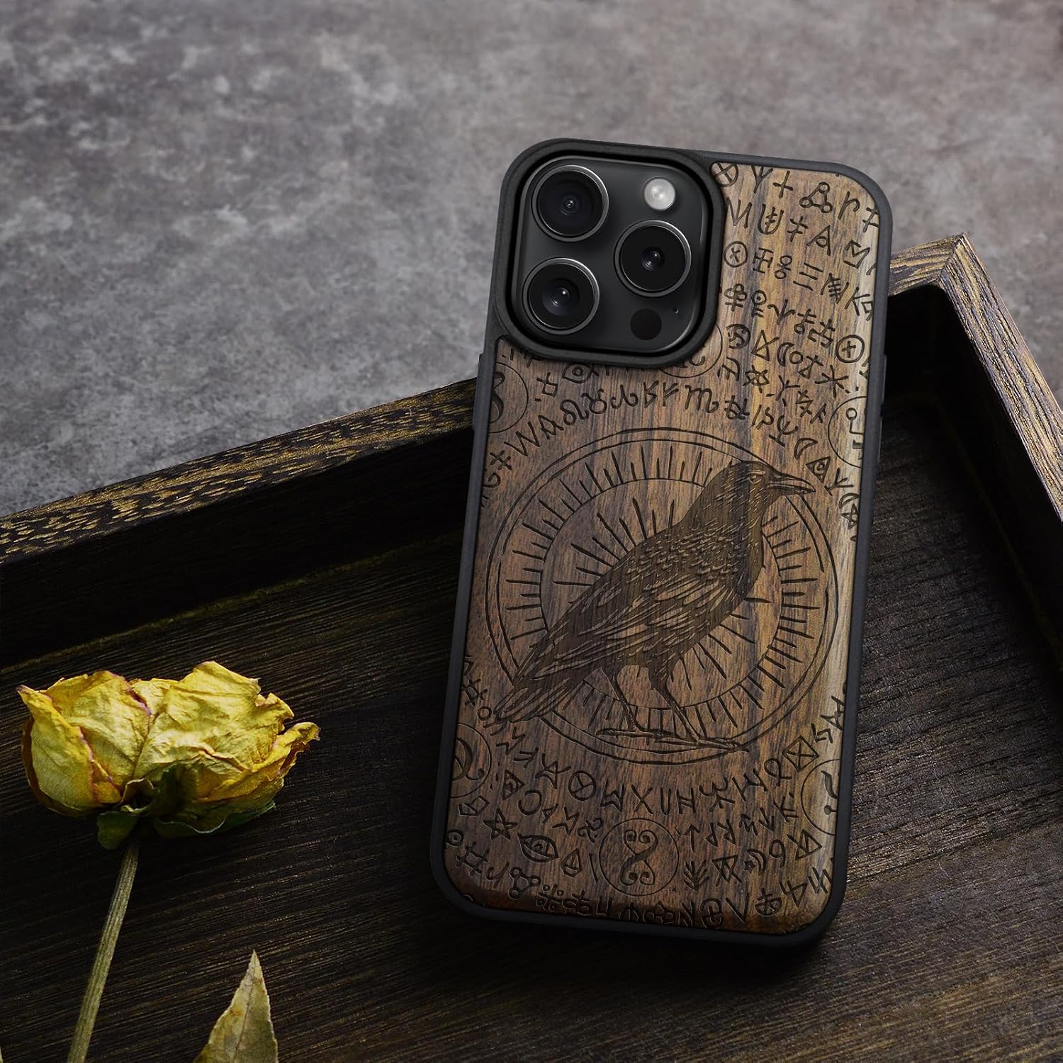 Carveit Magnetic Wooden Case for iPhone 16 Pro Case, Wood Artisan Engraved & Black Soft TPU Shockproof Cover, Compatible with MagSafe Wireless Chargers (The Haloed Crow) Walnut