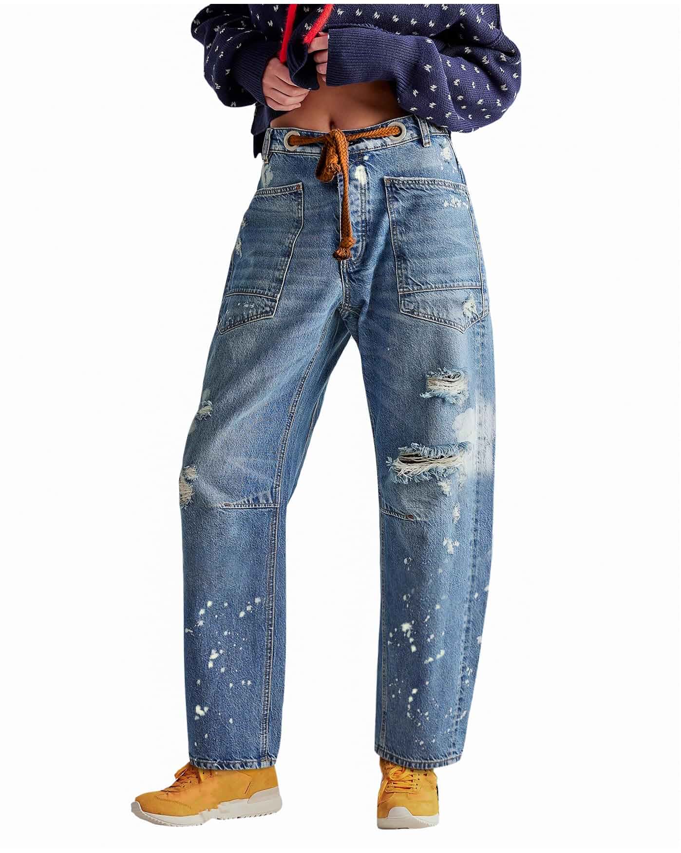 LifeShe Women's Baggy Barrel Jeans Casual Boyfriend Mid Rise Drawstring Wide Leg Denim Pants Jeans