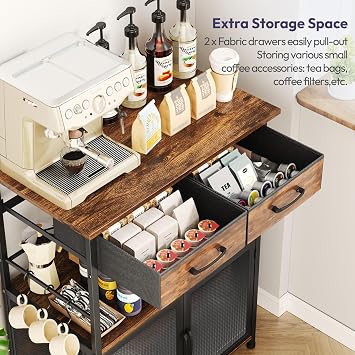 SWTYMIKI Coffee Bar Cabinet with Drawer - Coffee Stand Station with Removable Hooks, Buffet Cabinet for Coffee Maker or Microwave, Kitchen Bar Table Storage Organizer (Espresso, 23.62x14.96x31.3)