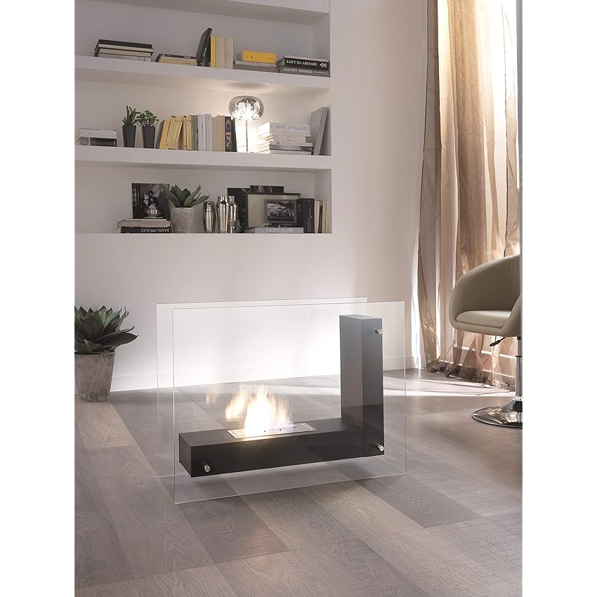 Immagine del prodotto STONES HOME FURNITURE, Caminetto a Bioetanolo da Pavimento, Senza Fumo, Bruciatore in Acciaio da 1,5 l, Durata Fiamma 3 ore, Modello Crossing, Colore Nero con Vetro Temperato, 31 x 80 x h 60 cm