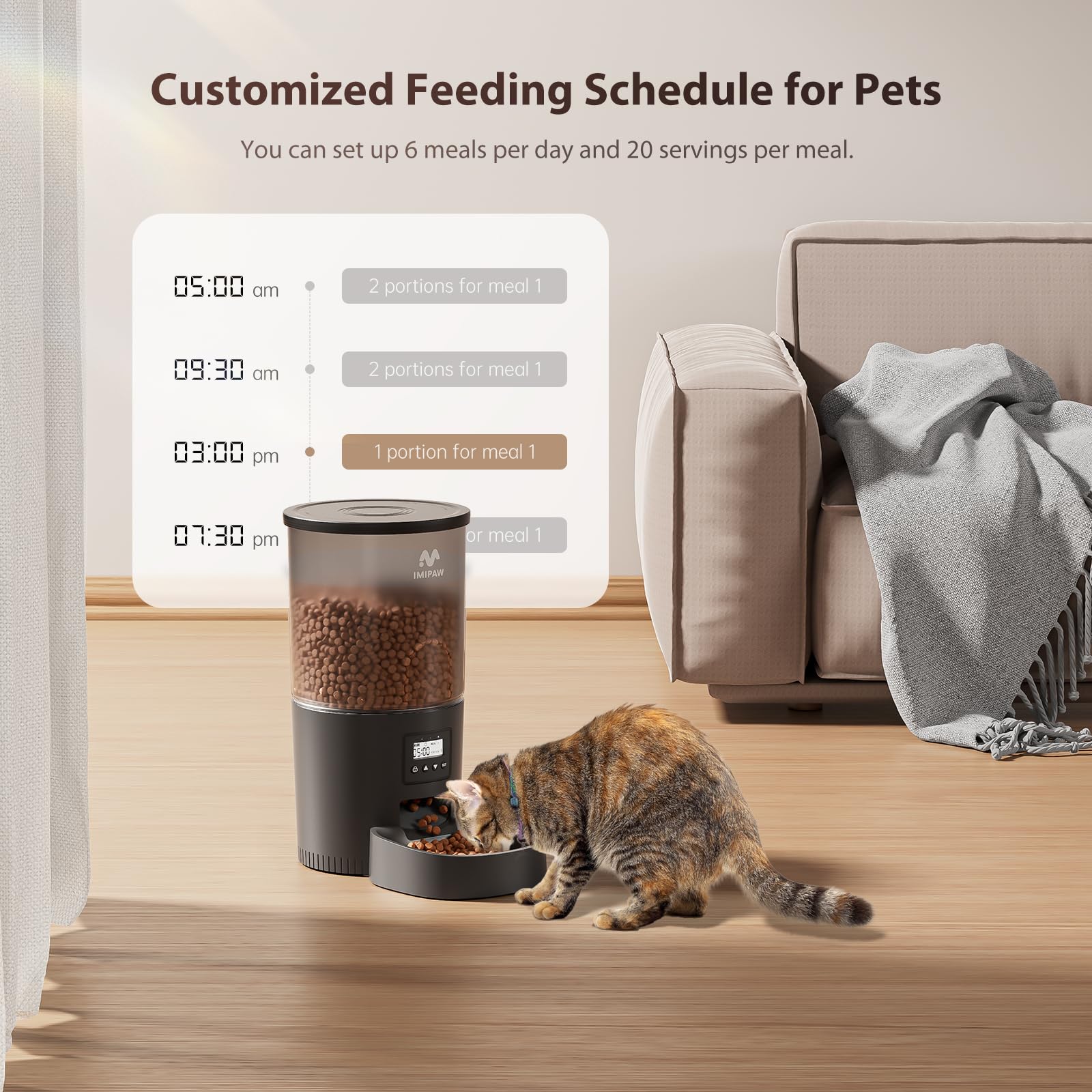 IMIPAW Automatic Cat Feeder, 5L Pet Dry Food Dispenser with Timed Programmable Portion Control, Dual Power Backup, with Desiccant Bag, 1-10 Meals, Easy Set Up, 10 Meals Per Day for Cats and Puppies view 2