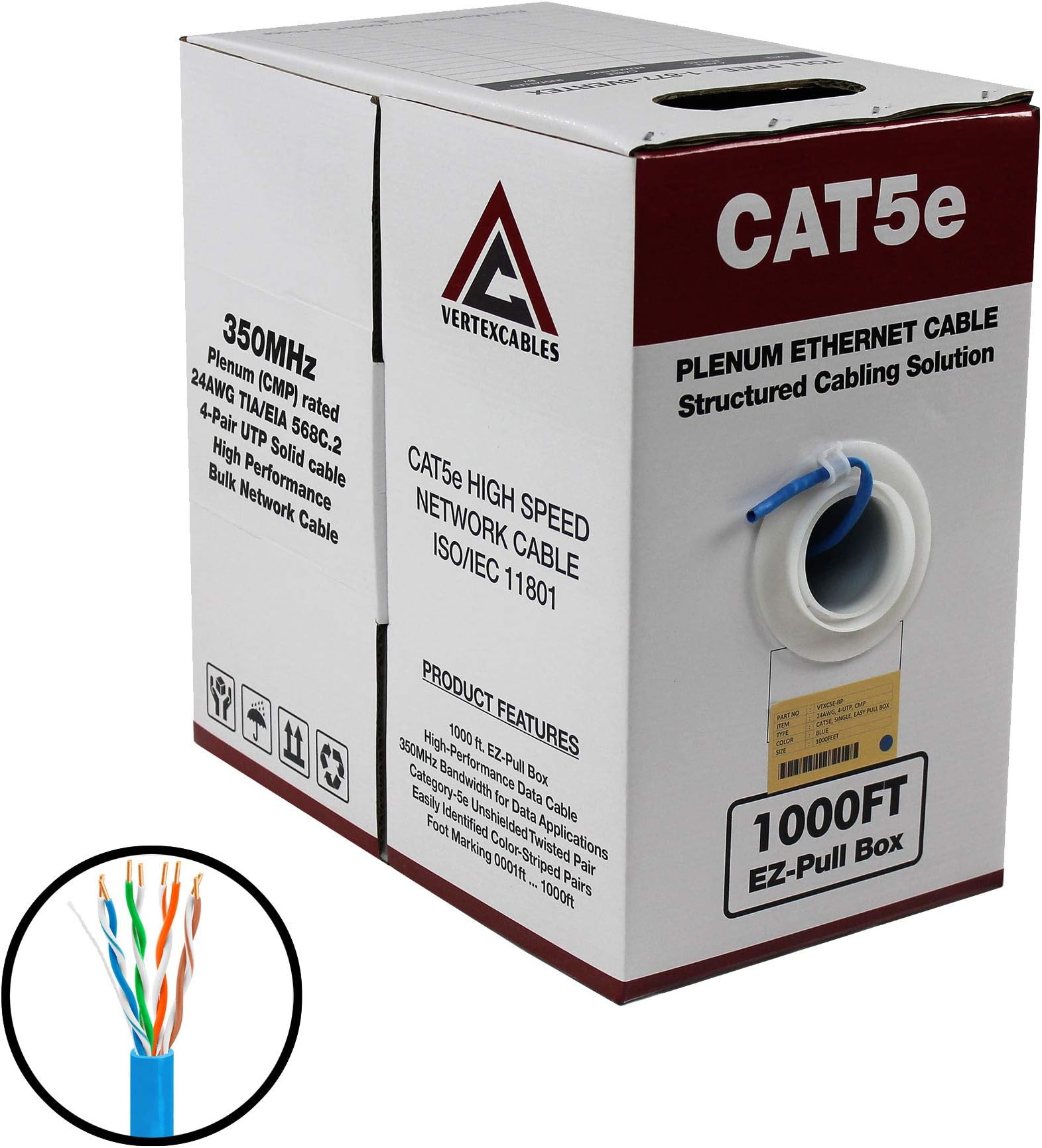CAT5E PLENUM 1000FT 350MHZ 24AWG BLUE SOLID NETWORK CABLE CMP