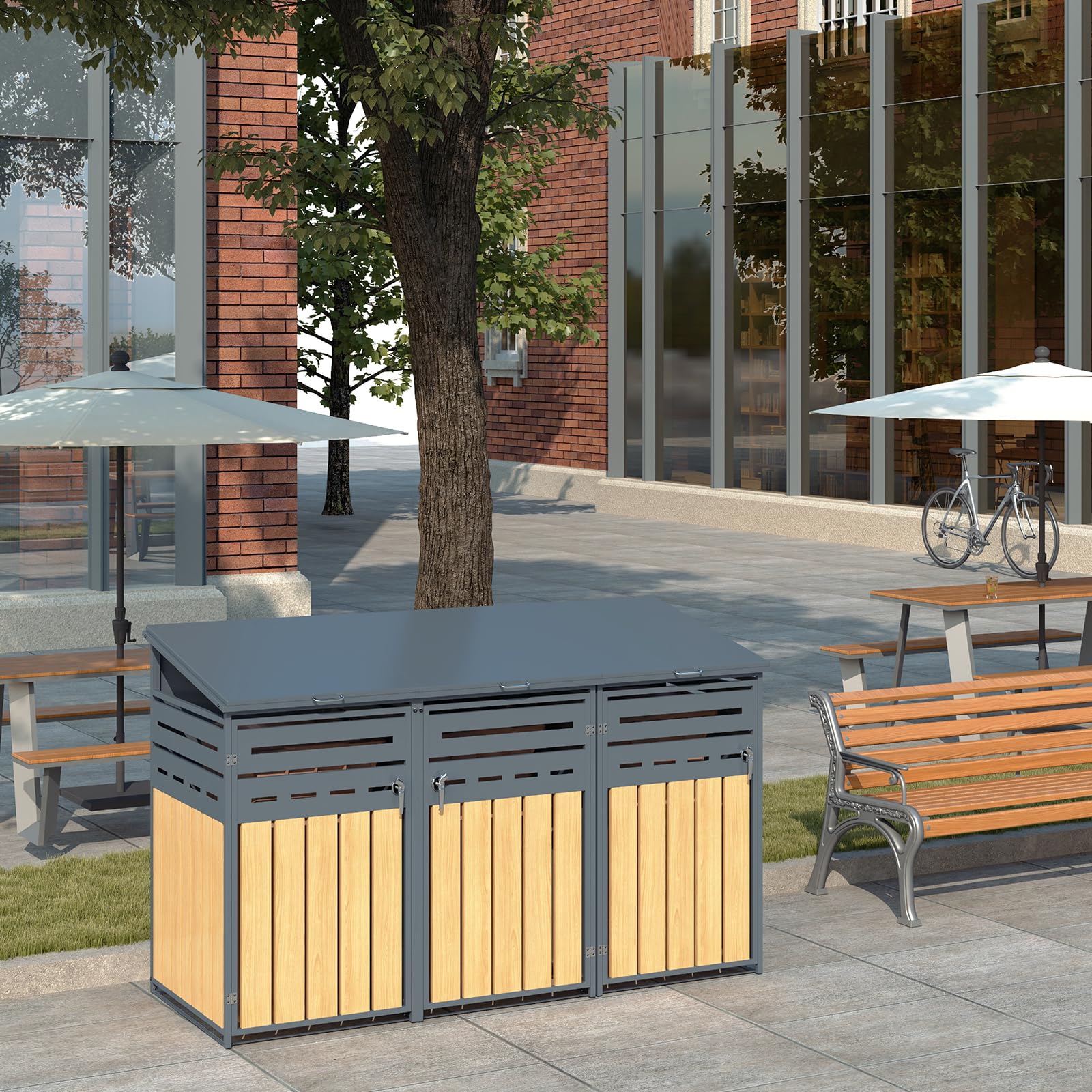 Mülltonnenbox für 3 Mülltonnen von 120-240 Litern, aus verzinktem Stahl in Anthrazit, abschließbare Gartenbox, Tonnenhaus, Müllbox mit schrägem Dach.