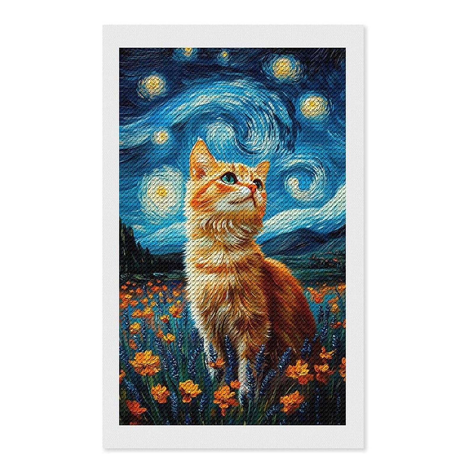 Junmoney Cat in Starry Night Style Diamond Painting Canvas Kit 12"x20", Adhesive Canvas, Christmas Gift, Full Kit Included, Thoughtful Present