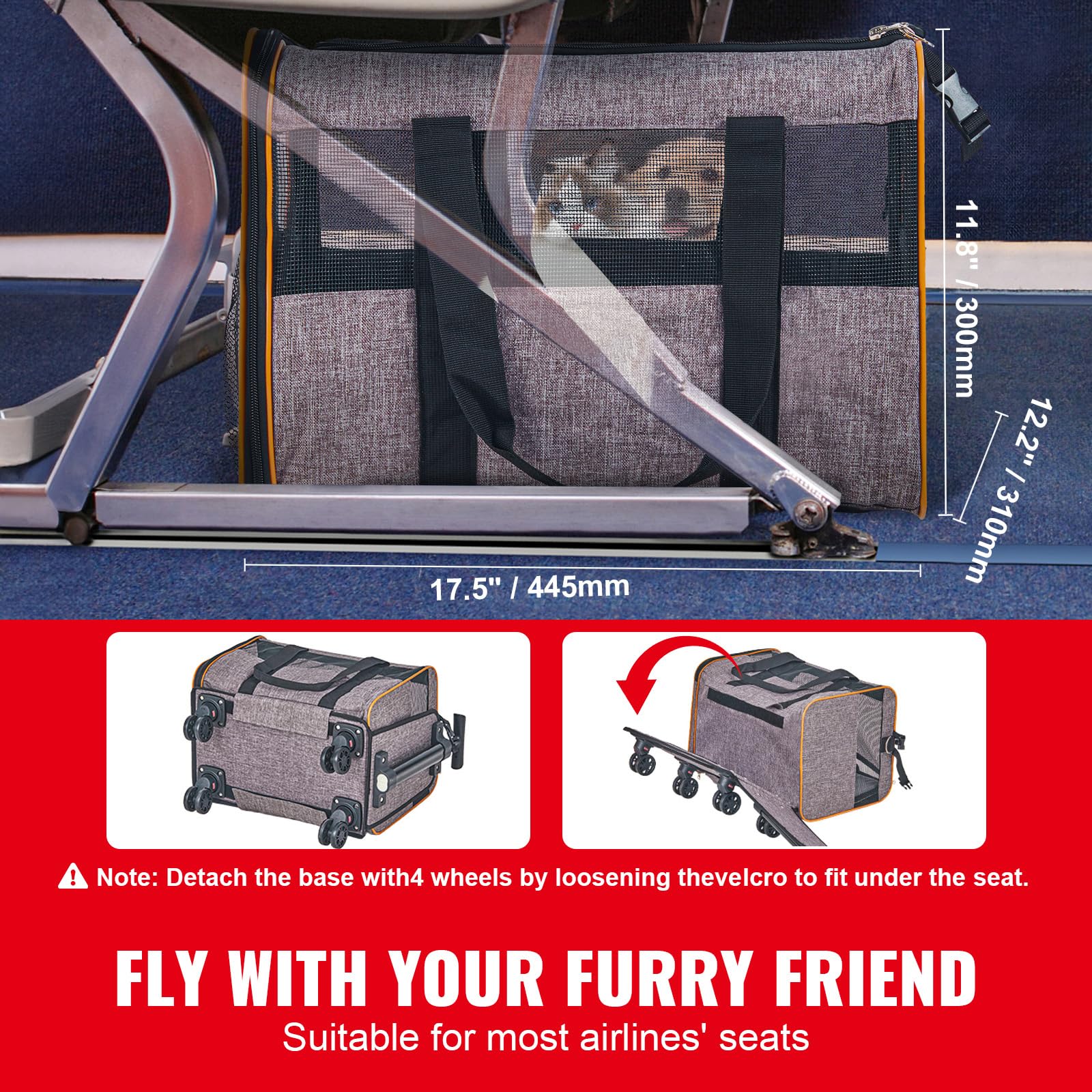 Happybuy Cat Carrier with Wheels, Airline Approved Rolling Pet Carrier with Telescopic Handle and Shoulder Strap, Holds Pets up to 22 lbs, Includes Folding Bowl, Grey