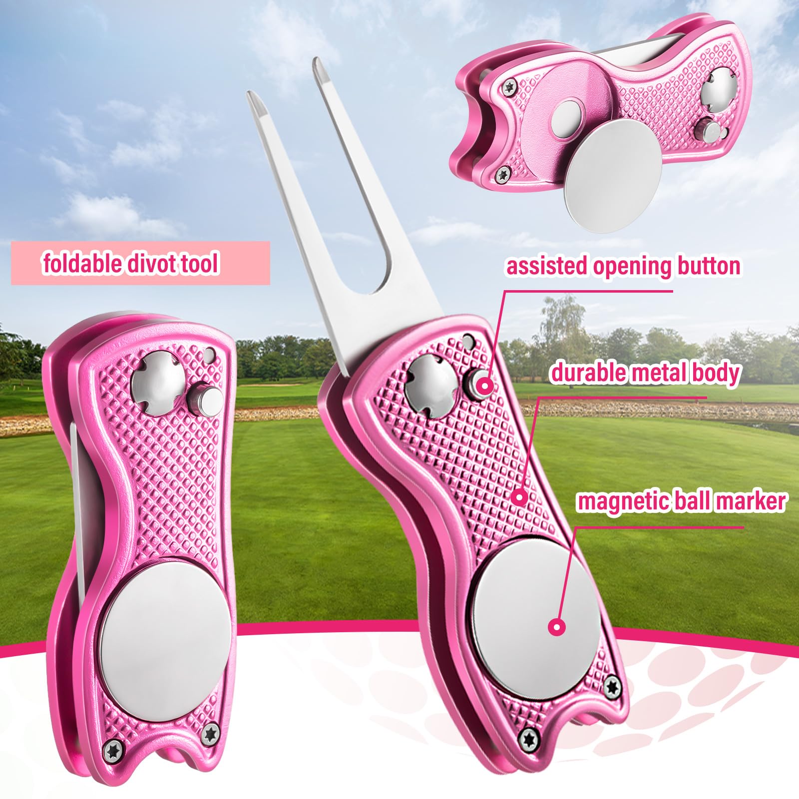 Liliful Kit de accesorios de golf de 12 piezas, incluye bolsa de toalla para pelotas de golf con gancho, herramienta de división de cepillo limpiador con marcador magnético de bola para mujeres y