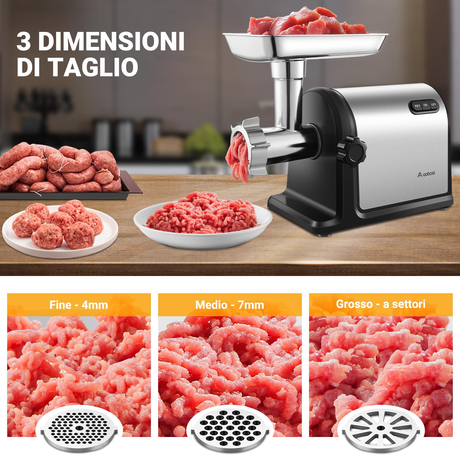 Tritacarne Elettrico AOBOSI 3-In-1 Tritacarne Con 3 Dischi Di Macinazione In Acciaio Inox, 1 Kubbe e 3 Tubi Per Insaccati. Calibro 12 e motore [3000w Max], tritacarne Elettrico Professionale Con Lame.