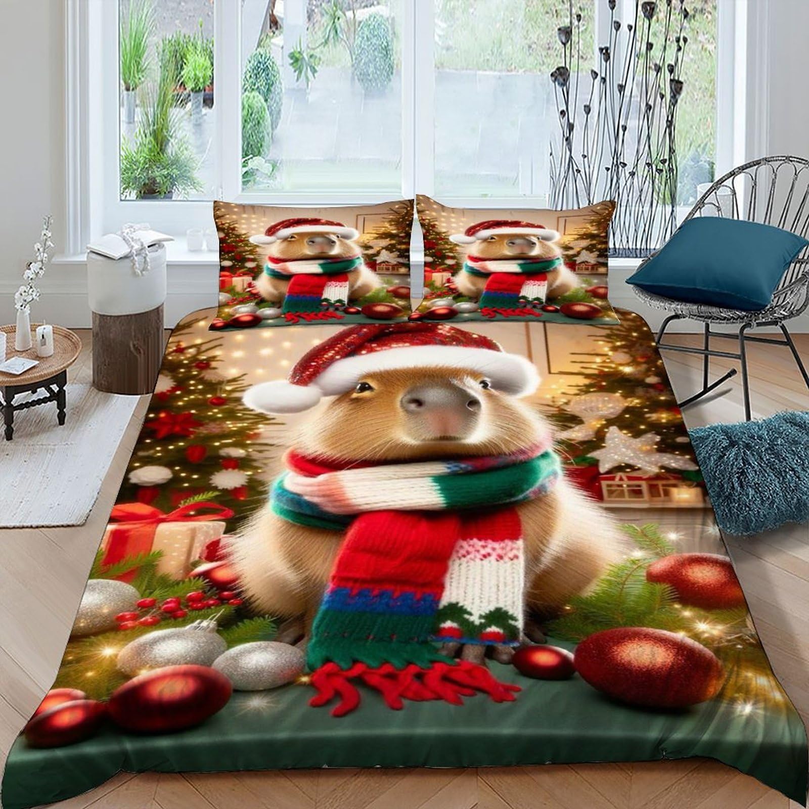 Capybara Christmas Bedding Set 3D Design Animal Themes Wildlife Duvet Cover Set Chic Breathable Comforter Cover for Boys&Girls with Pillowcase King（220x240cm）