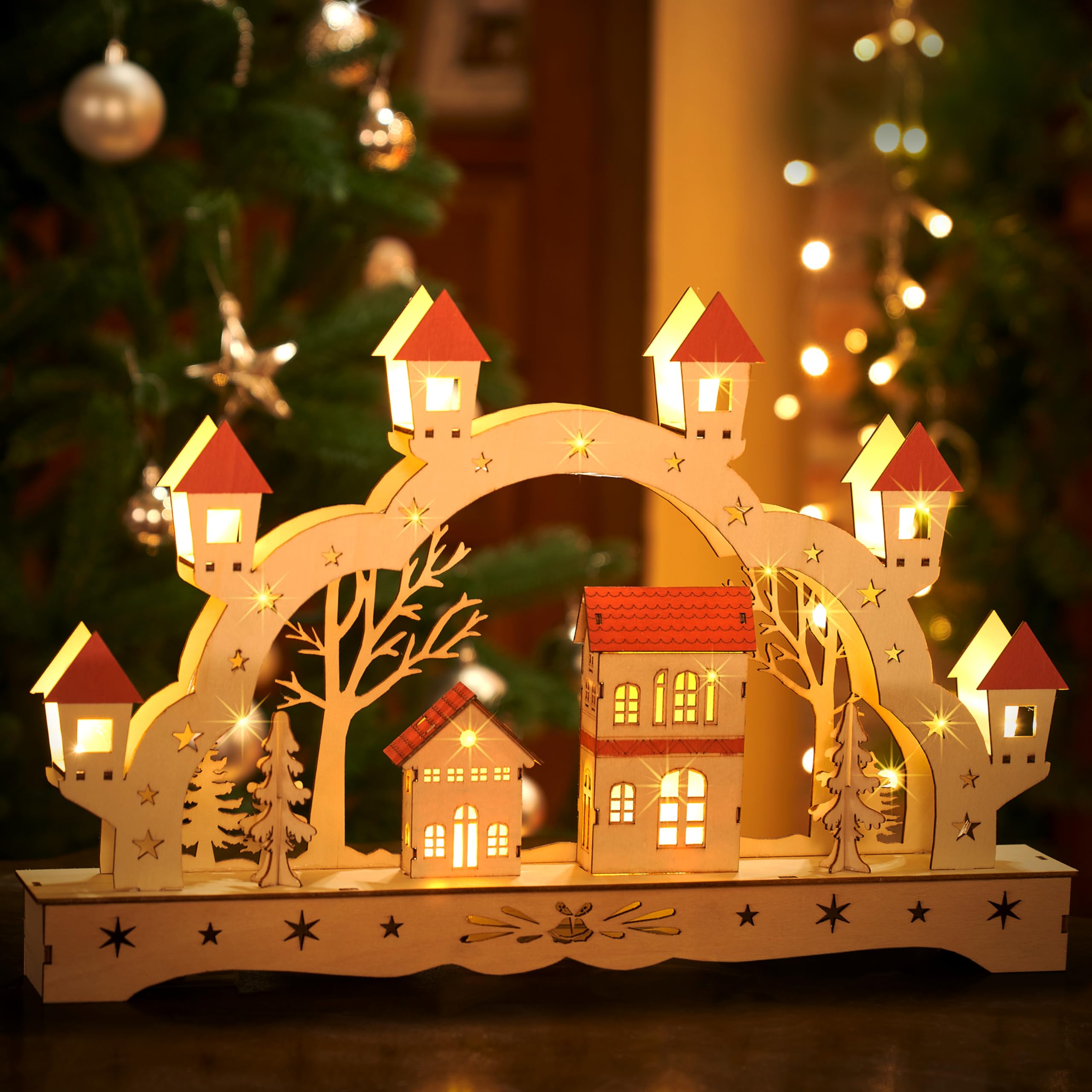 Monzana Arc Lumineux de Noël 'Paysage' à 8 LED décoration en Bois Illumination intérieur Effet 3D Arche Lumineuse fêtes