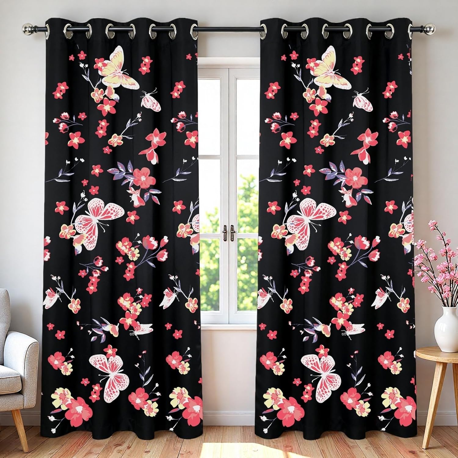 SDIII Pink Butterfly Blackout Curtains 84x54 Inch 2 Panels Set Micorfiber, Vintage Butterfly and Floral Printed Curtains for Bedroom