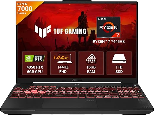 ASUS TUF A16 (2025), AMD Ryzen 7 7445HS, Gaming Laptop (RTX 4050-6GB/140W TGP/16GB RAM/1TB SSD/FHD+/16"/144Hz/56Whrs/Windo...