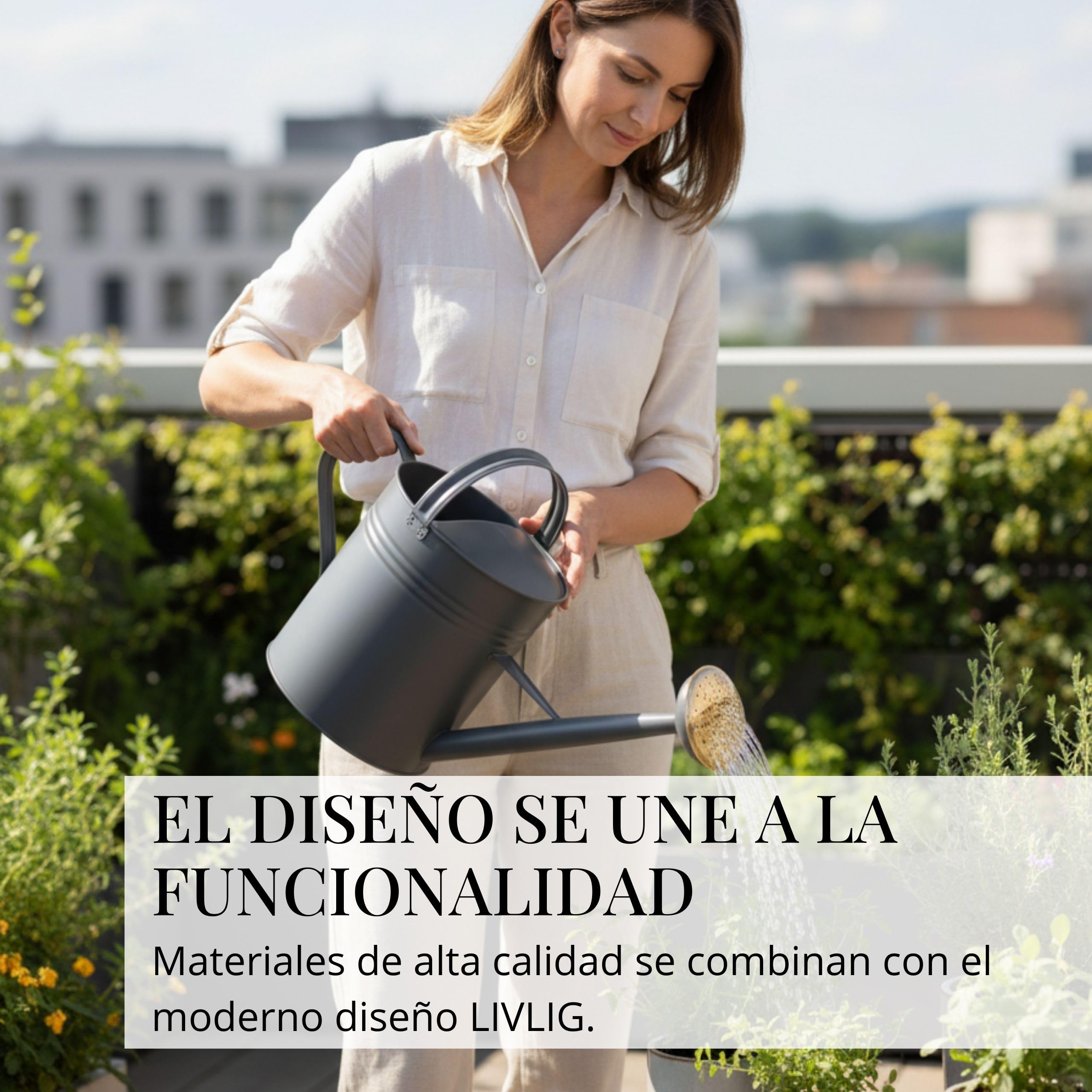 LIVLIG Regadera 10 litros 2 Asas – Jardín con Doble Asa y Alcachofa Desmontable de Latón, Diseño Vintage, Antracita