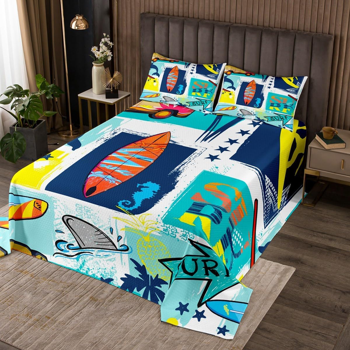 Beach Coastal Surfboard Quilt Bedding Set Queen Size,Seaside Surfing Sports Games Bedspread Coverlet for Girls Teens,Summer Holiday Blue Wooden Board Soft Polyester Quilt Set, All Season