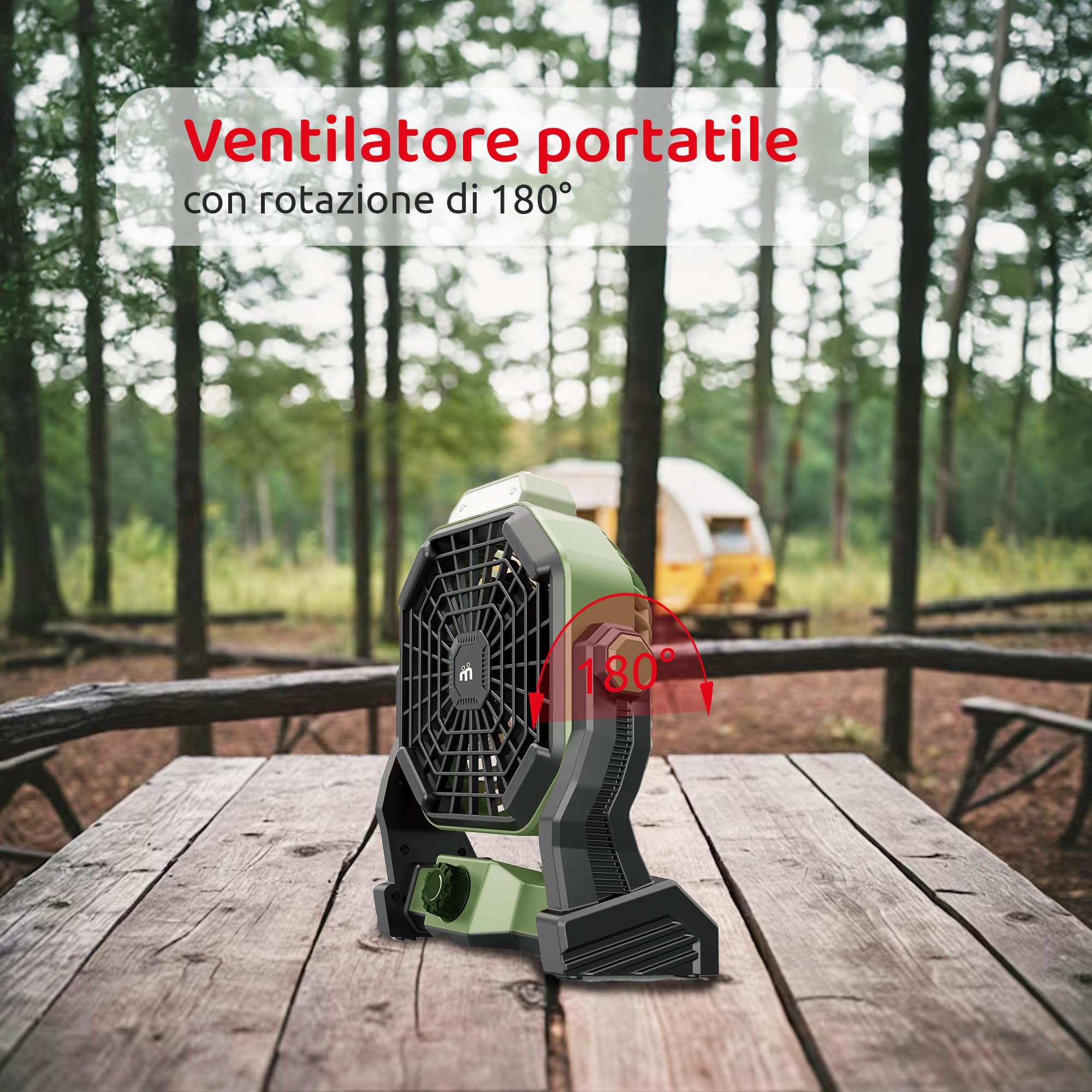 Melchioni Family | Ventilador Portátil para Camping Recargable con Luz, Batería Incorporada de 5200 mAh Recargable Cable USB, 3 Niveles de Iluminación LED, ⌀12 cm, 3 Velocidades, Rotación de 180