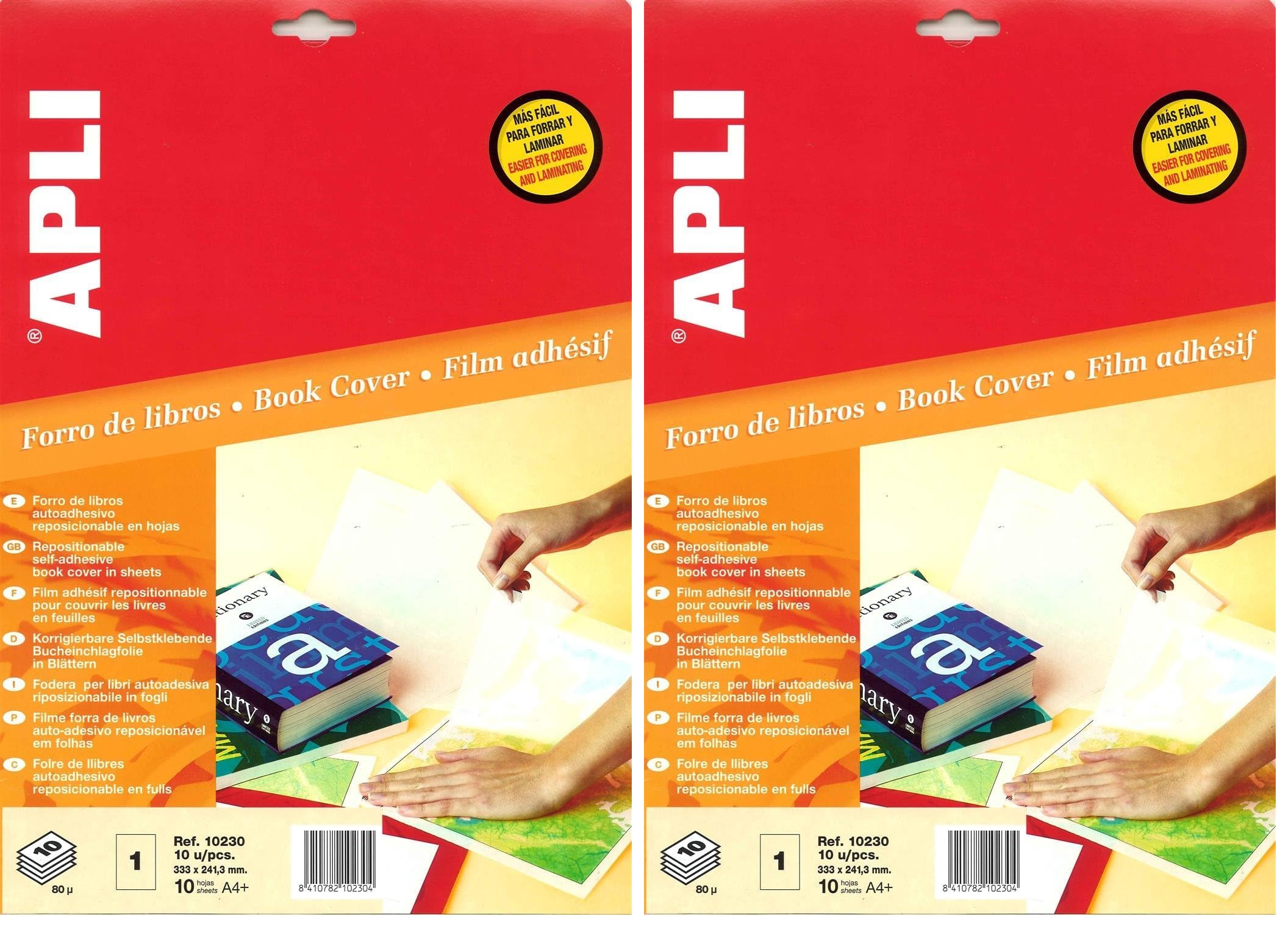 APLI 10230 - Couvre-livres en feuilles repositionnables pour recouvrir et protéger les livres - 241,3x333 mm - Transparent - 10 feuilles. (Lot de 2)
