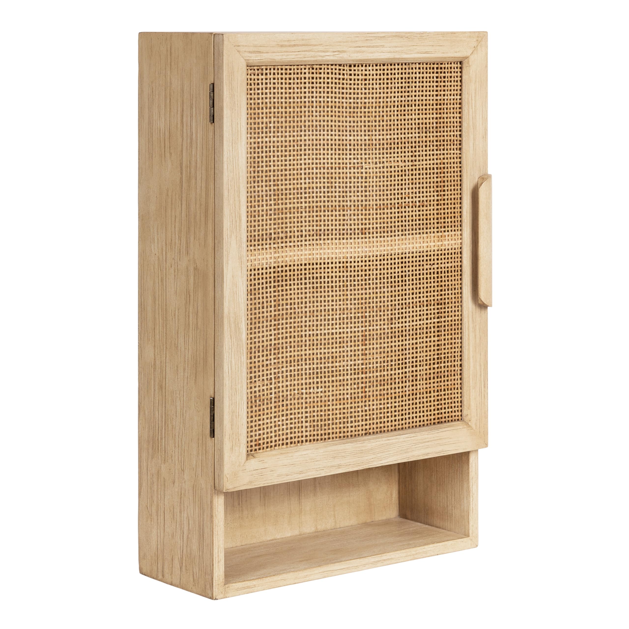 kate and laurel ori transitional cane wall cabinet with door, 15 x 7 x 24, natural wood, decorative rattan over the toilet cabinet with two shelves and bonus storage cubby