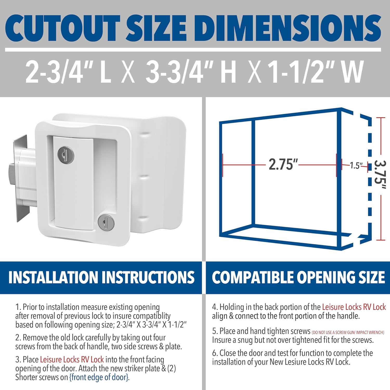 Leisure Locks RV Travel Trailer Entry Door Lock Polar White Paddle Deadbolt