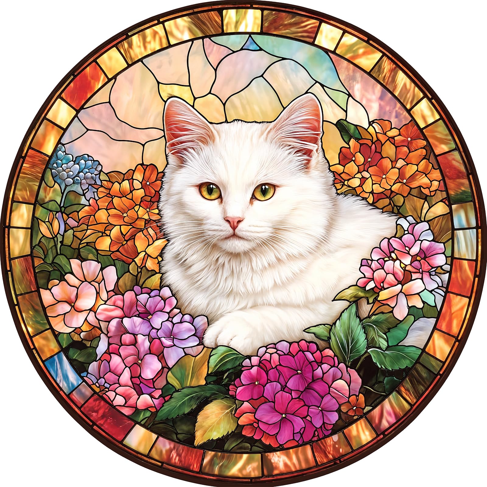 Naturelish Flower Cat Stained Glass Puzzles Round Jigsaw for Adults 1000 Pieces, Brain Challenging Puzzle for Game Night, Family, Friends, Round Puzzles Diameter 24