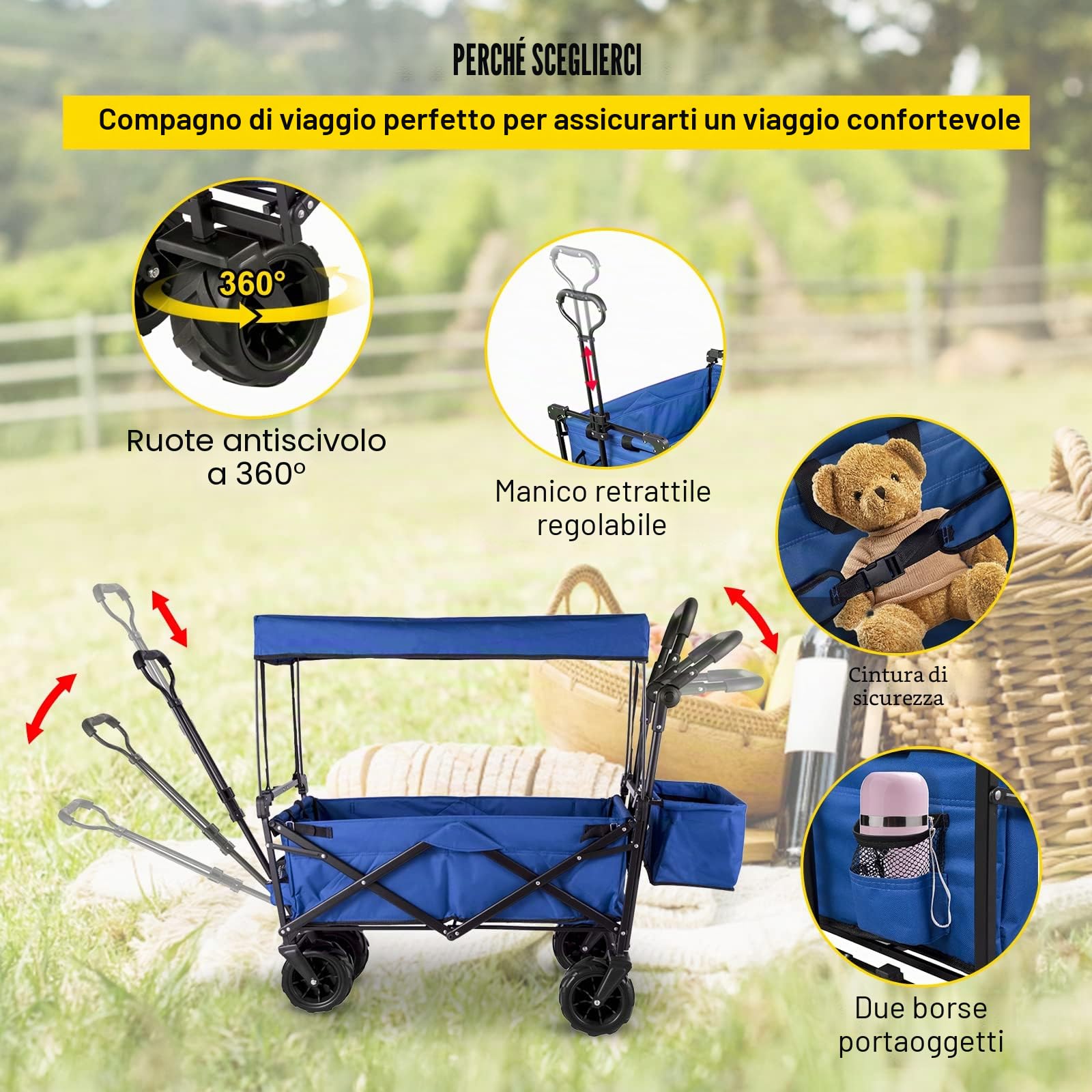 VEVOR Carrello Pieghevole Blu Impermeabile con Tetto da 98,7x54,3x98,5 cm, Carello Portatile con Baldachino Pieghevole capacità 100 kg, Rimorchio per la Spesa Adatto per Traslocchi, Campeggi e Viaggi