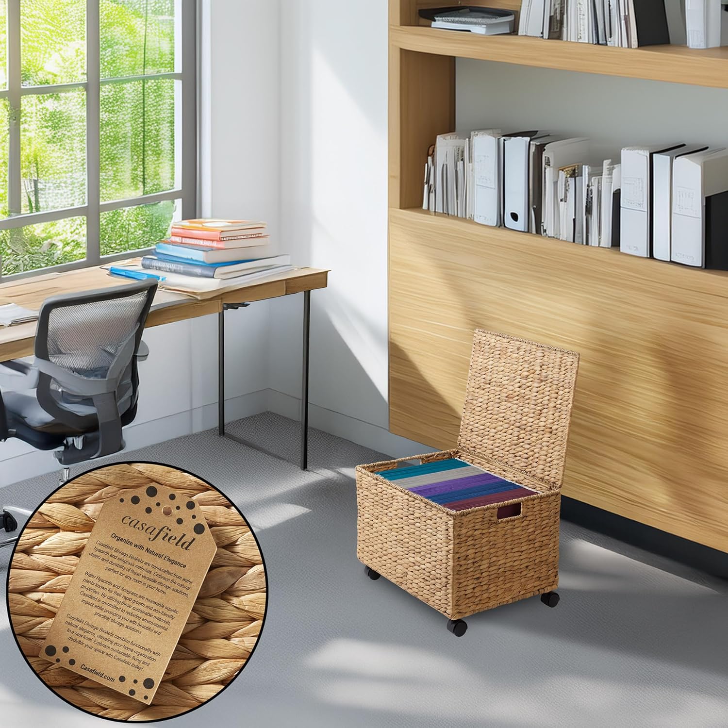 Casafield Rolling Filing Cabinet, Natural - Water Hyacinth File Organizer with Lid and Locking Wheels, Home Office Storage for Hanging Folders