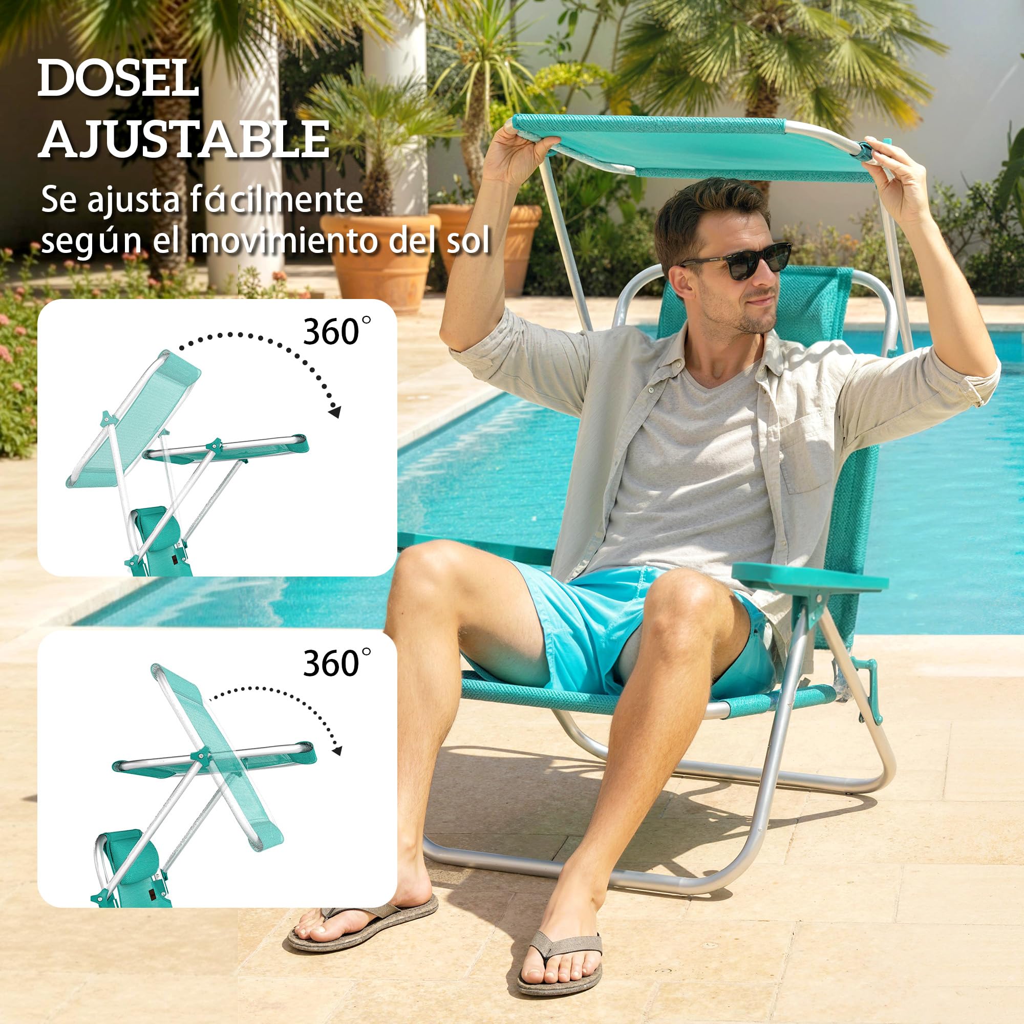 Outsunny Pack de 2 Sillas de Playa Plegables con Dosel Ajustable, Respaldo Reclinable en 6 Posiciones y Reposacabezas, Sillas Bajas Portátiles con Brazos Carga 120kg para Acampada Jardín Turquesa