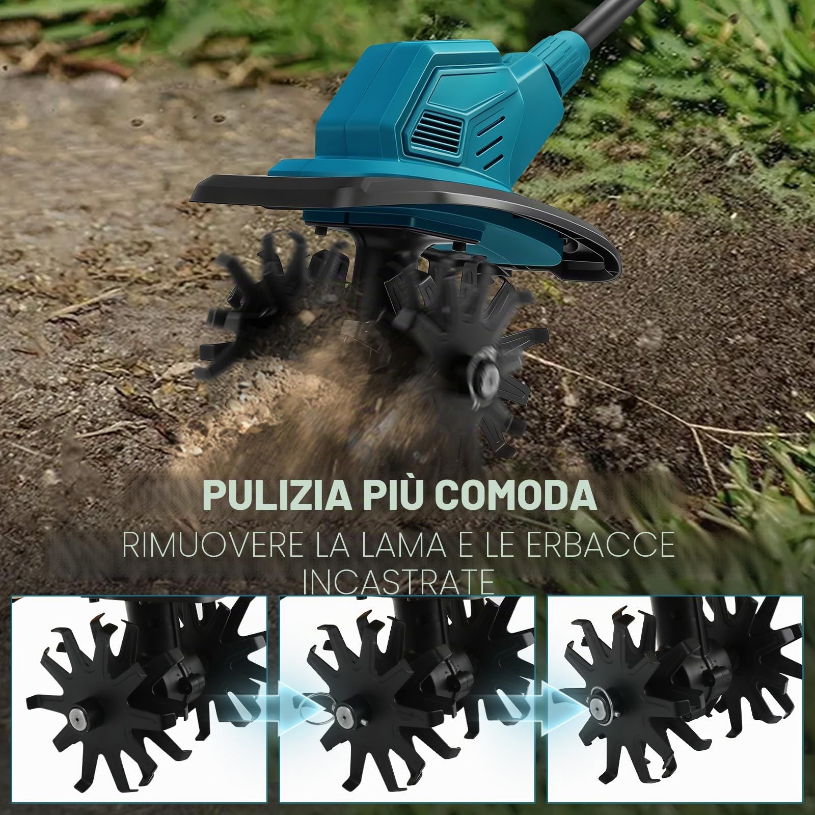 Motozappa senza fili per Makita 18V Batteria, Motozappa a Batteria con Motore Brushless, Altezza Regolabile, larghezza di lavoro 20 cm, profondità di lavoro 18 cm, per Giardini e Cortili