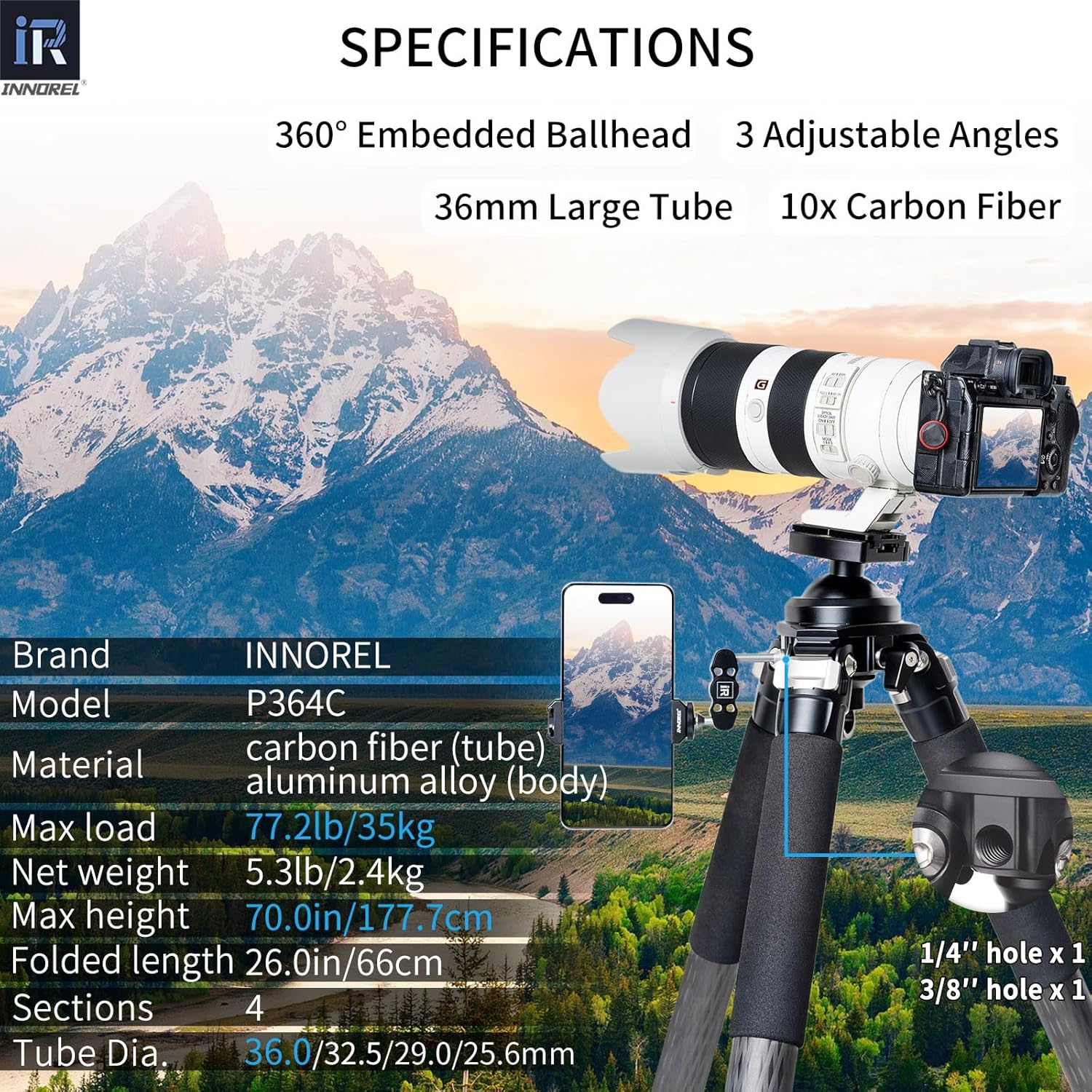 INNOREL Carbon Fiber Tripod for Hunting, 360° Large Ball Head(2.17"), with Arca Swiss Dovetail Mount, 70" Hevy Duty Stable Tripod for Photography and Outdoors, Max Load 77lb/35kg, P364C