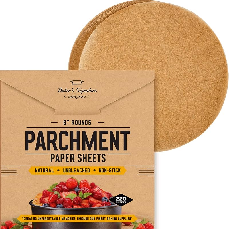 Rondas de papel pergamino de 8" para hornear, 220 piezas de revestimientos para moldes para pasteles precortados | Sin blanquear, recubierto de silicona y antiadherente; no se riza ni quema; pulpa de madera natural no tóxica y resistente a la grasa