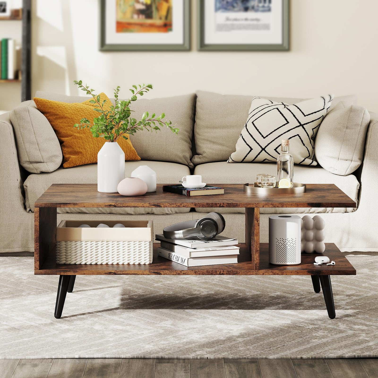 COSTWAY Mesa de Centro con Almacenamiento, Mesa Auxiliar Moderna con Estante Abierto, Mesita Central Rectangular de 2 Niveles con Patas Metálicas para Salon (Café)