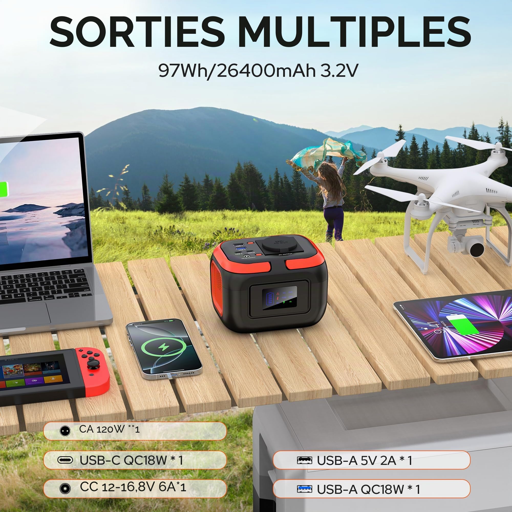 SinKeu Station d'alimentation portable 97 Wh, 26400 mAh, mini générateur avec prise AC 120 W 230 V, 12 V DC, ports USB pour téléphone portable, ordinateur portable, batterie d'alimentation mobile pour
