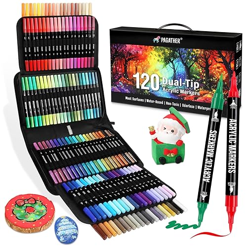120 Colors Acrylic Paint Markers, Dual Tip Fine and Brush Tips Pens Contain 24 Metallic Color for Stone, Wood, Calligraphy, Canvas, Ceramic, Metal, Glass, Rock Painting, DIY Crafts Art Supplies Kit - 120 Colors