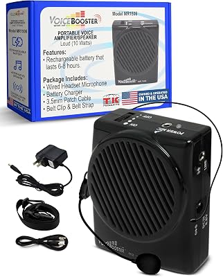 Voicebooster Speak Out Personal Voice Amplifier 10watt Wearable Portable Speaker with Microphone Headset for Classroom Teachers, Tour Guide, Public Speaking, Presentations &ndash; MR1506 (Black)