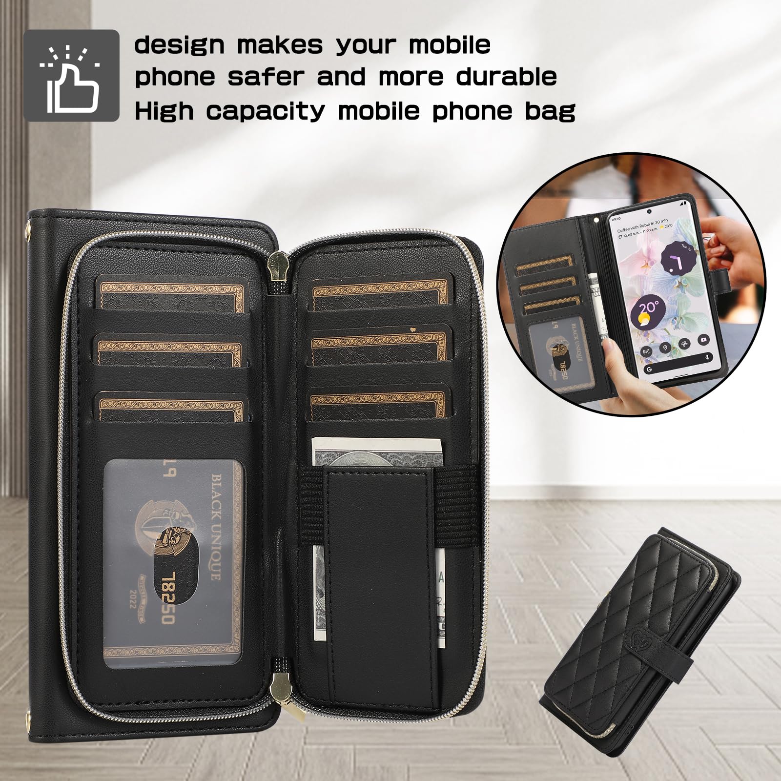 ELISORLI Wallet Case for Google Pixel 6 Pro with Wrist Strap Crossbody Shoulder Strap Luxury PU Leather Stand Cell Phone Cover with 9 Card Slots for Pixel6Pro Pixel6 XL 6XL Pixle 6Pro 5G Women Black - Image 4