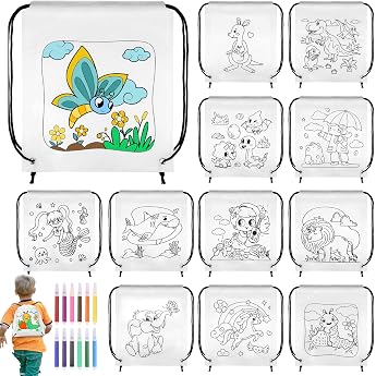 Zocipro Pack of 12 Bags for Painting with Drawstring for Children Fabric Bags for Painting Crafts Children's Birthday with 12 Colour Pens Bag Yourself Design Children for Party Bags