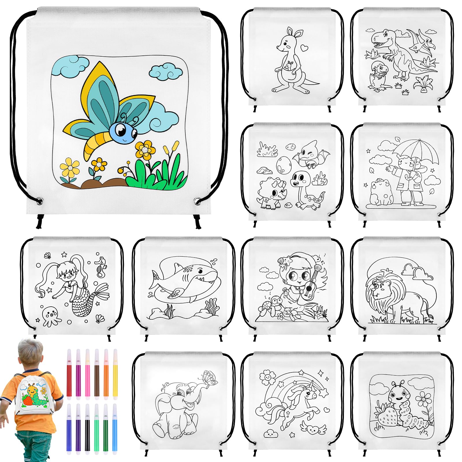 CTDMJ 16Pcs Sacs à Main à Colorier & 36 Couleurs Stylo, Sac Non Tissé