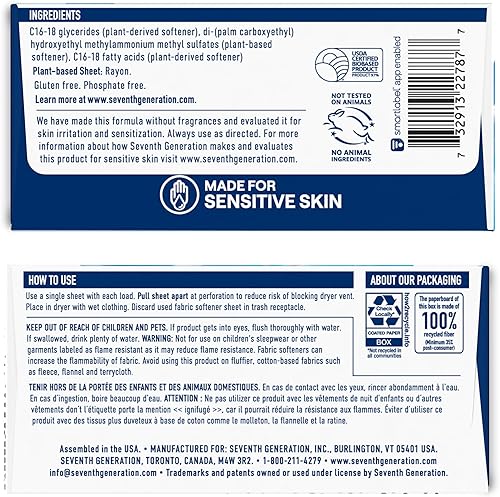 Miniatura 2 de Seventh Generation Sábanas para secadora suavizantes de tela para lavandería, libre y transparente, hechas para pieles sensibles, 80 hojas