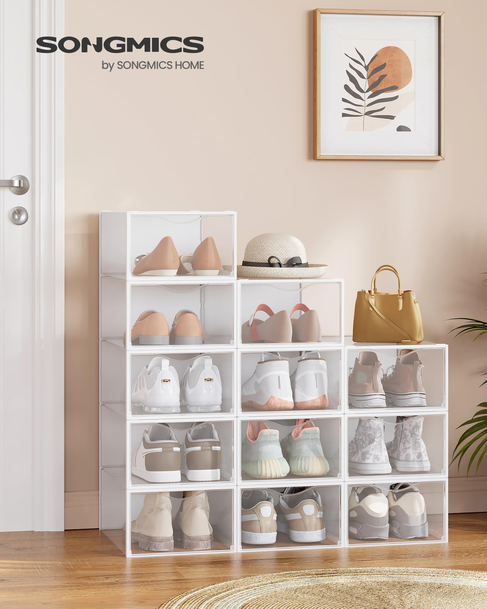 SONGMICS Cajas para Zapatos, Organizador de Zapatos de Plástico, con Puerta, Transparente, Juego de 12, Apilable, 33,2 x 23 x 14,5 cm, para Zapatos hasta 43, Transparente y Blanco Nube LSP312W01