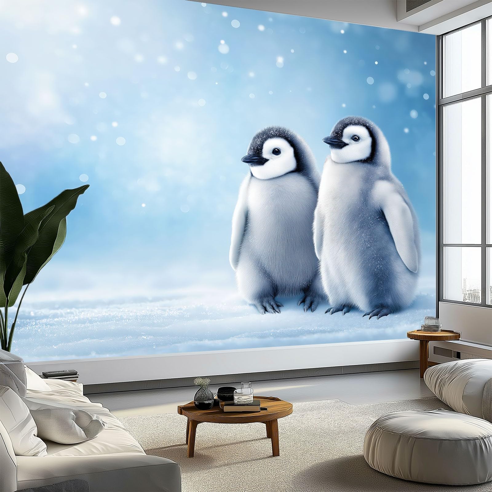 Niestandardowa fototapeta mural 250 x 178 cm (szer. x wys.), panoramiczna niestandardowa jasnoniebieska tapeta mural - urocze zwierzęta pingwiny nietkany plakat dekoracja do sypialni salonu