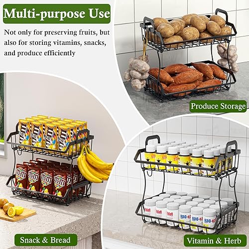 Miniatura 4 de Cesta de frutas de 2 niveles para encimera de cocina con 2 ganchos para plátanos, soporte de cesta de almacenamiento de frutas colgante, cuenco