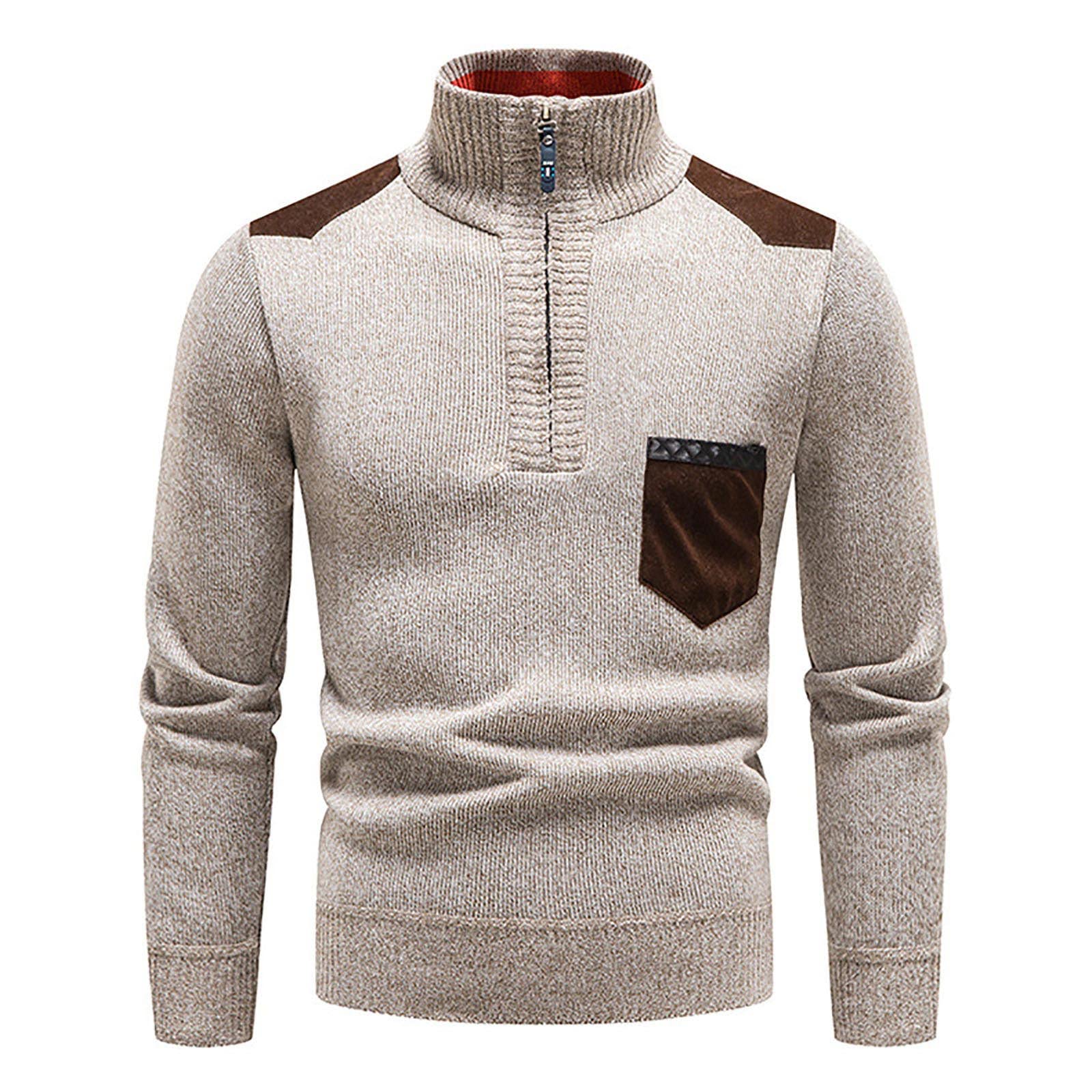 Men's Beige Soft Sweaters Quarter Zip Pullover Classic Ribbed Turtleneck Sweater Pocket Jumpers For