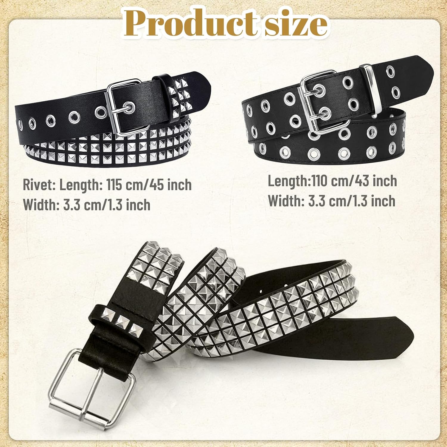 Black Studded Belt, 2 Pcs Y2K Belt Metal Punk Rock Double Grommet Belts with Bright Pyramid Studded for Women Men